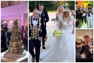 Opulență sau prost gust? Nuntă de baron local: tort împodobit cu bani, elicopter, şampanie de 10.000 euro şi suită de manelişti