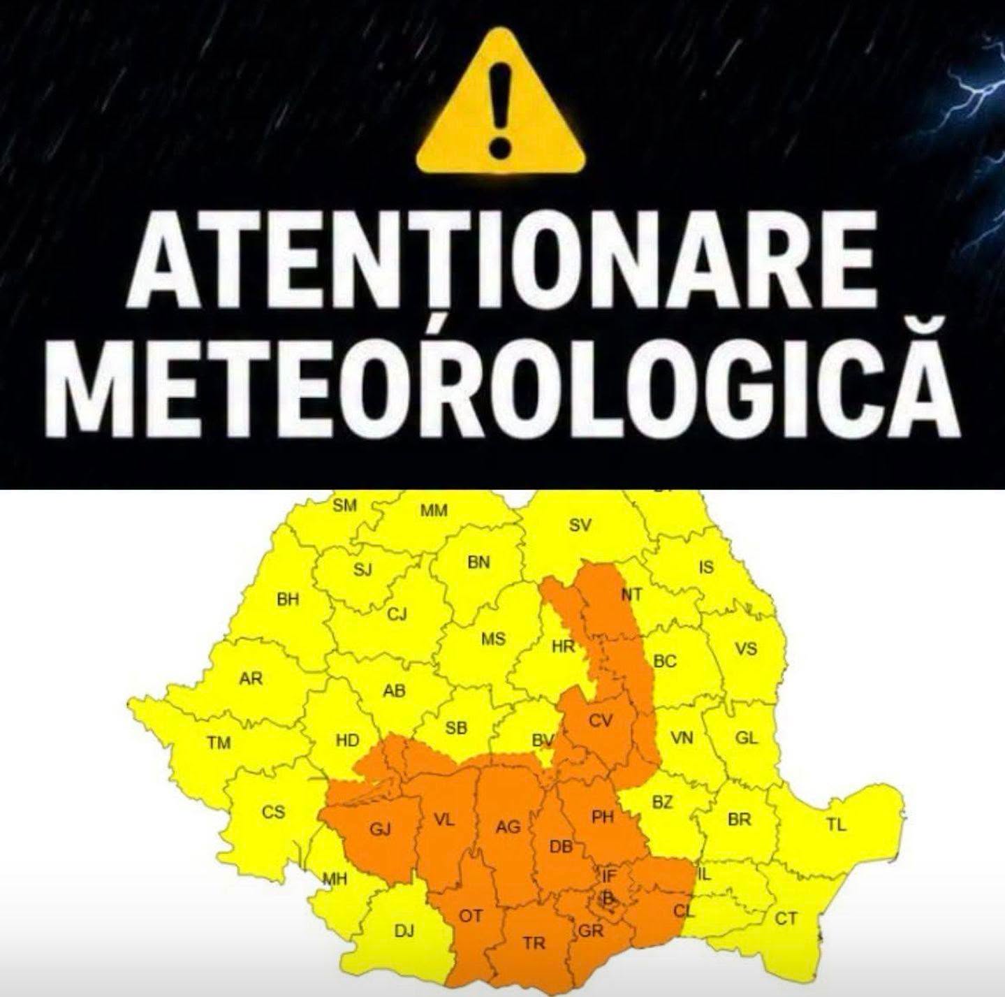 ANM a emis un cod galben și un cod portocaliu de instabilitate atmosferică. Județele în care sunt așteptate ploi torențiale și vijelii